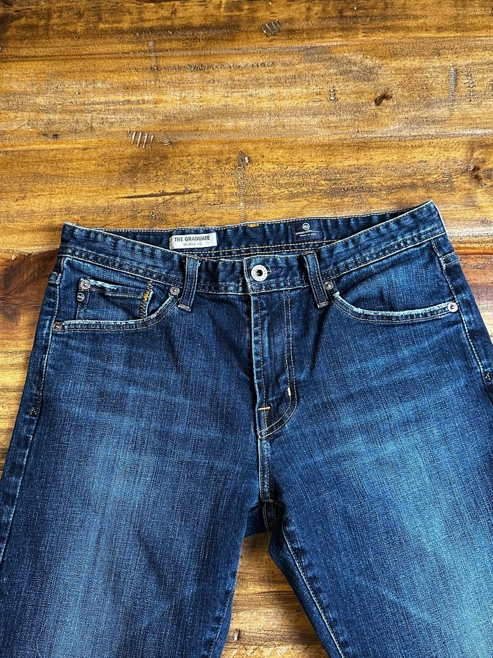AG Adriano Goldschmied Slim Straight Jeans in Deep Blue with Brown Patch - Picture 3 of 7